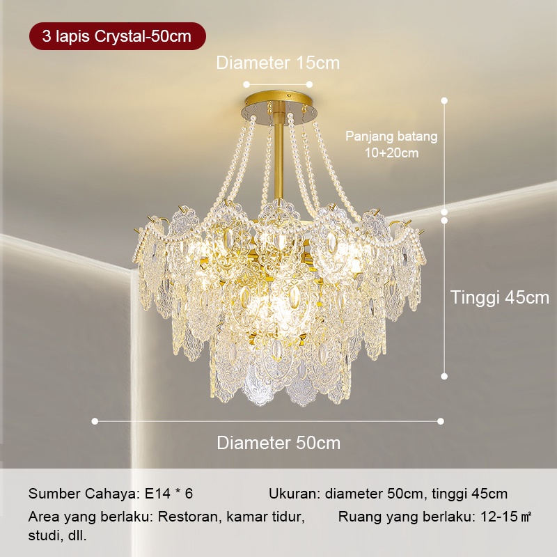 Lampu gantung Prancis Romantis Mutiara Crystal Chandelier Kristal Mewah Kamar Tidur Ruang Makan Ruang Tamu Lampu langit -langit