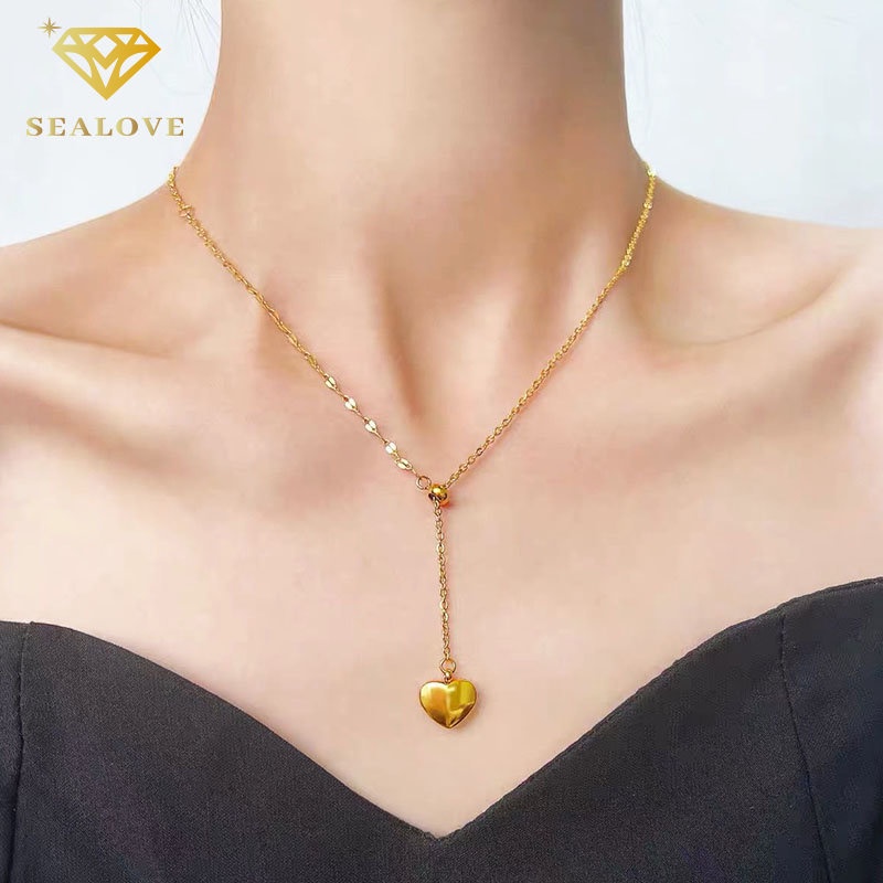 Kalung titanium wanita liontin hati emas aksesoris Korea anti karat