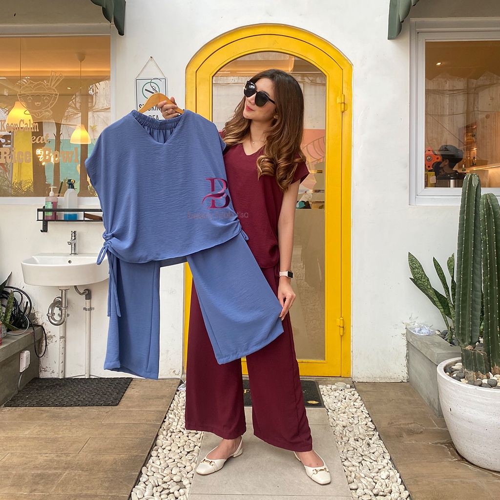 Karina One set crincle polos wanita celana kulot baju serut terbaru kerah V neck UK JUMBO crincle airflow beautyhijabtisa