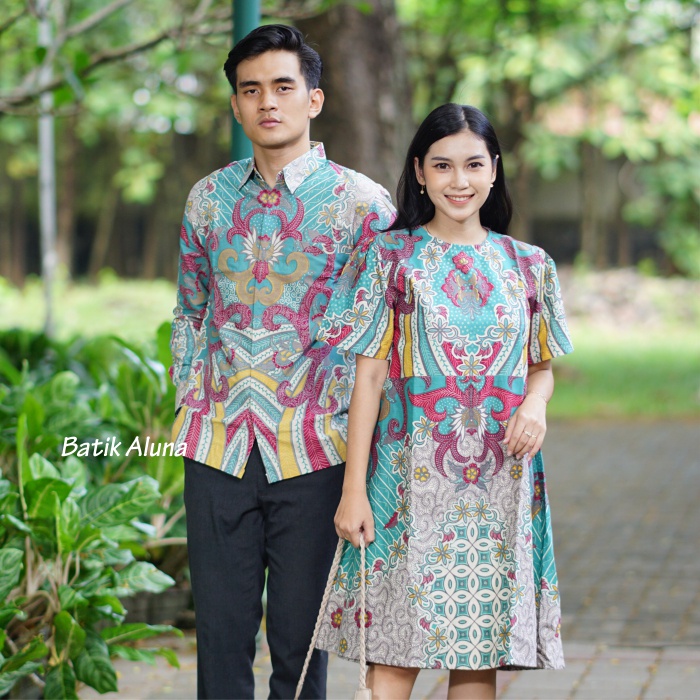 Couple Batik Premium Dress Dan Kemeja Lengan Panjang Full Trikot Premium BY FASHION BATIK ALUNA