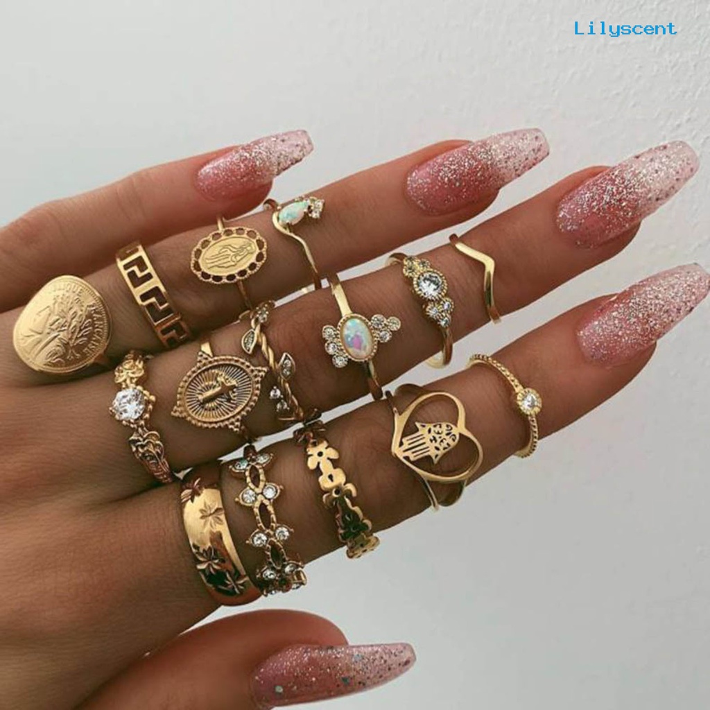 [LS]15Pcs /Set Cincin Fashion Cincin Artistik Paduan Hati Cincin Jari Kristal Imitasi Untuk Pakaian Sehari-Hari