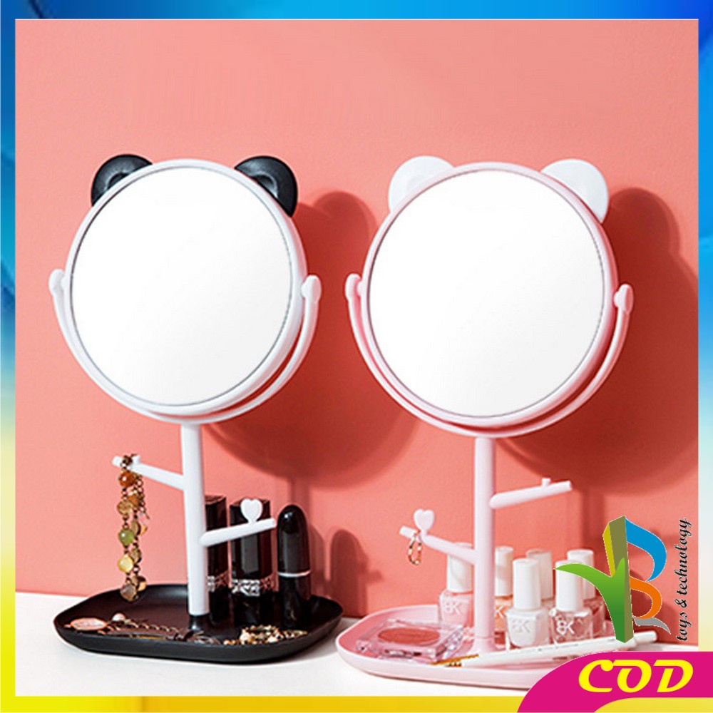RB-K91 Cermin Motif Telinga Panda Serbaguna / Kaca Meja Rias Bulat Lucu / Standing Mirror Makeup Desktop Rotating Multifunction