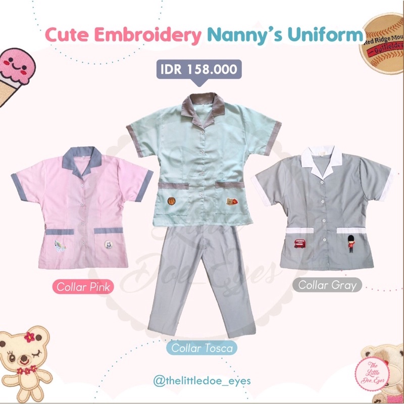 Cute Embroidery Nanny's Uniform Baju Seragam Nanny Suster Baby Sitter Bordir