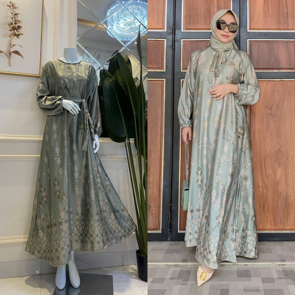 Diora Kirana Gamis Terbaru Maxmara Silk Dress Wanita Lengan Karet Panjang Maxidress Kekinian LD 110 cm