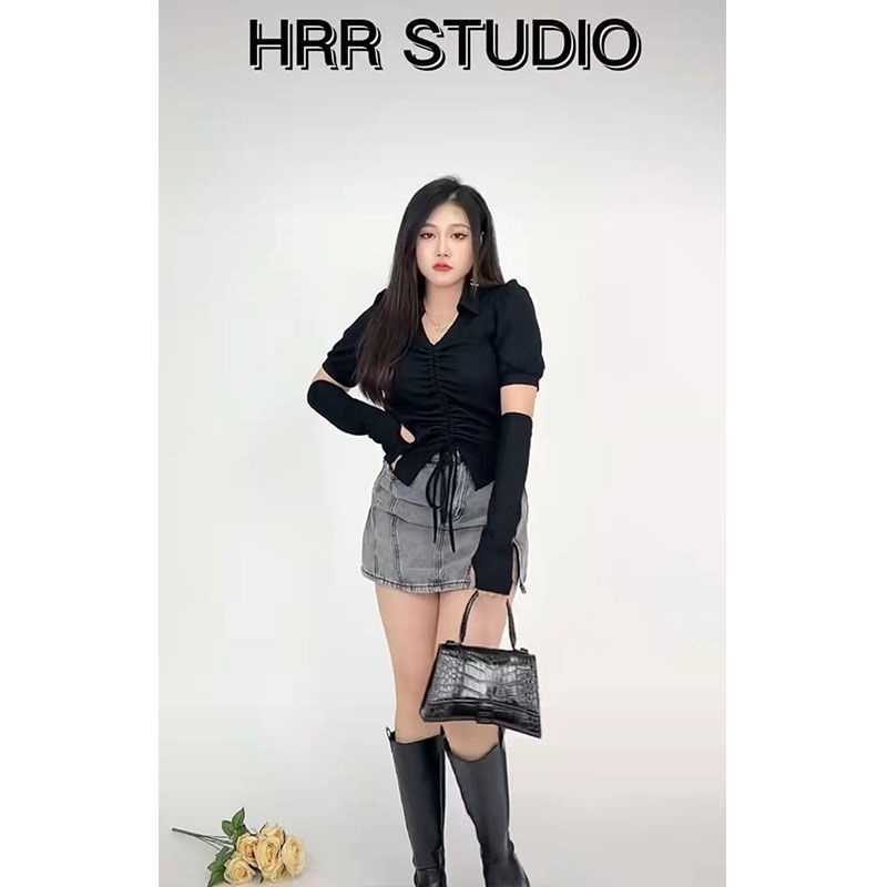 □Suhao Hrstudio -【Stealer】Puff Sleeve Slim Fit Atasan Desain Lipit Serut Irregular