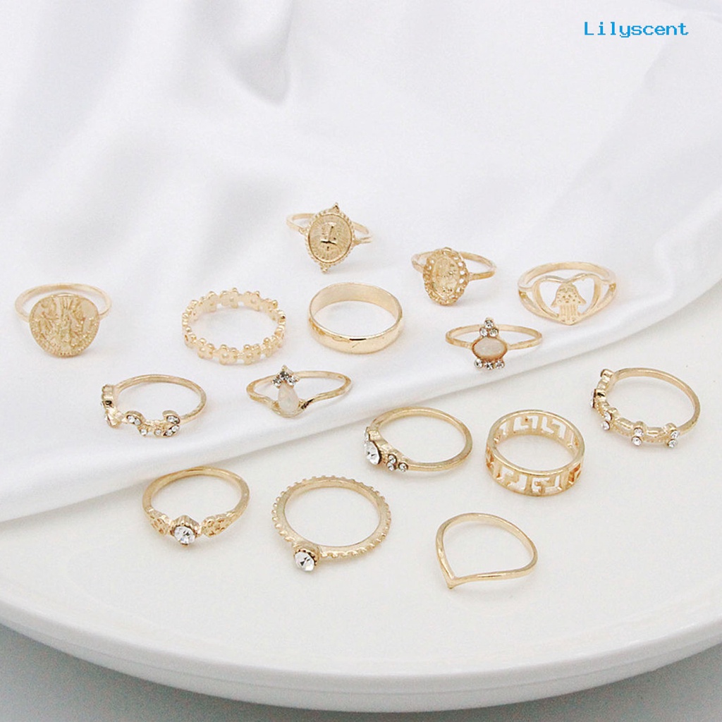 [LS]15Pcs /Set Cincin Fashion Cincin Artistik Paduan Hati Cincin Jari Kristal Imitasi Untuk Pakaian Sehari-Hari