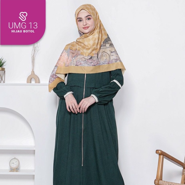 Gamis Ukhti Terbaru Resleting Depan Bahan Katun Madina UMG13 Hijau Botol Baju Kondangan Pesta Harian
