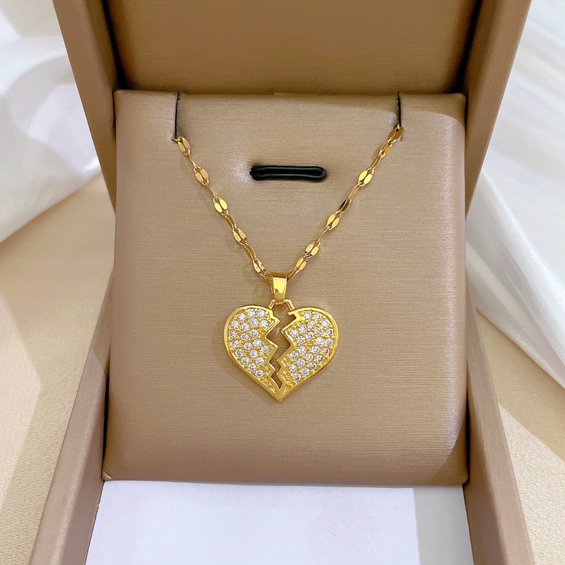 Titanium Steel Lapis Emas 18 K Cubic Zirconia Berlian Patah Hati Liontin Kalung Non Tarnish Gold Kalung Untuk Wanita Tahan Air Emas Liontin Kalung Hypoallergenic Aksesoris
