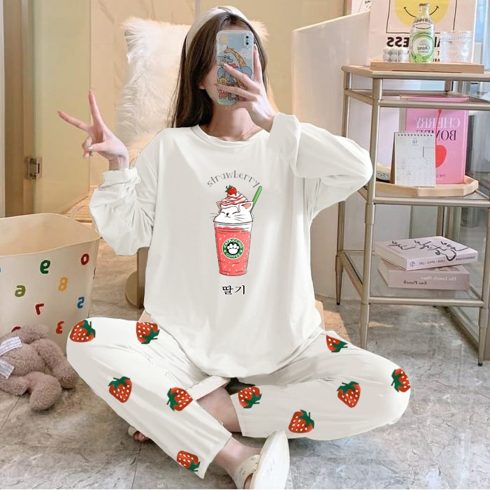 Piyama Import Lengan Panjang PP Longsleeve Baju Tidur Lucu Strawberry Frappe