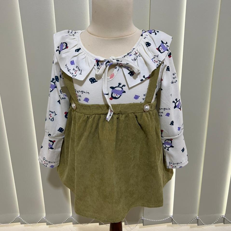 KFCAT Dress Gaun Rok Lengan Panjang Anak Perempuan Katun Motif Penguin Renda Imut Korean Style 6BULAN-3TAHUN