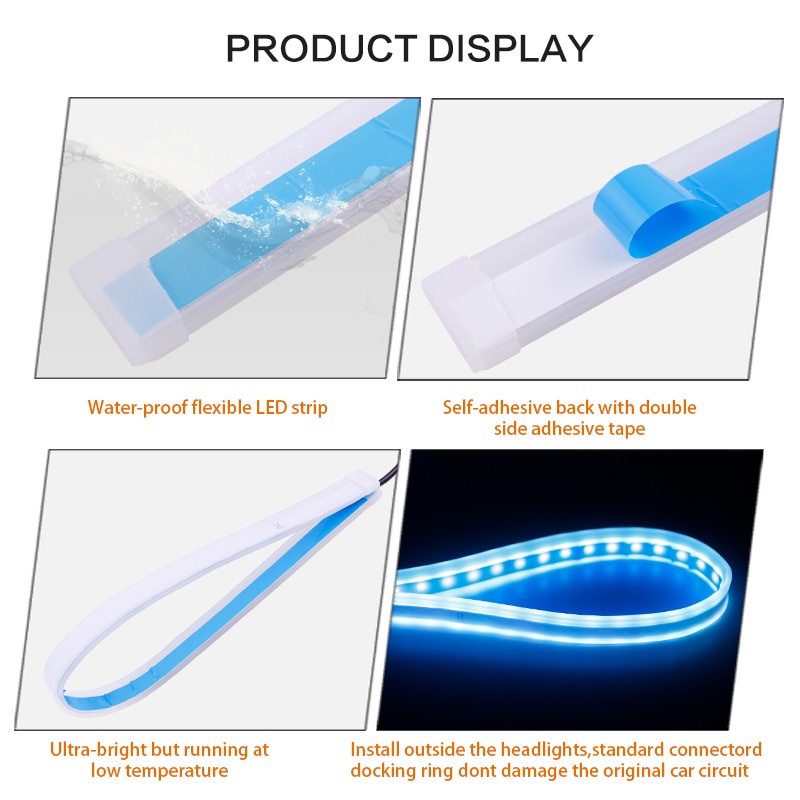 lampu Alis LED slim alis DRL fleksibel waterproof 12v 60cm 45cm 30cm 2 mode running motor mobil