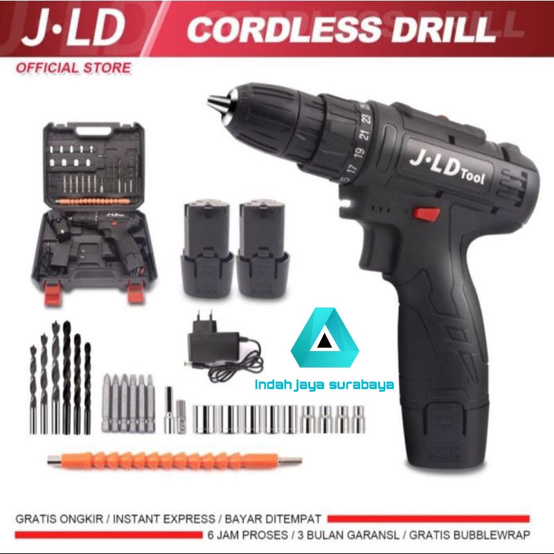 Promo Bor Batre Murah JLD 12V , Cordless 10mm Fullset Koper 2 batre Termurah