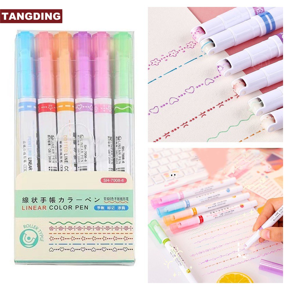 [COD Tangding] 6 Pcs Colorful Roller Wavy Line Pens DIY Akun Tangan Cepat Kering Stabilo Siswa Alat Tulis