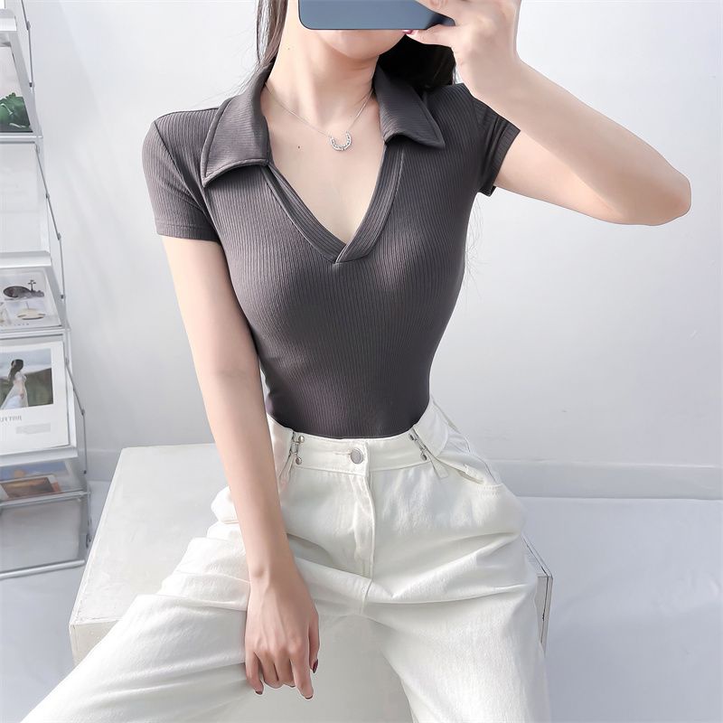 ∈Suhao hot tide dengan wanita ins tide 2022 gaya asing baru kemeja kerah slim fit slim lengan pendek jumpsuit T-shirt top