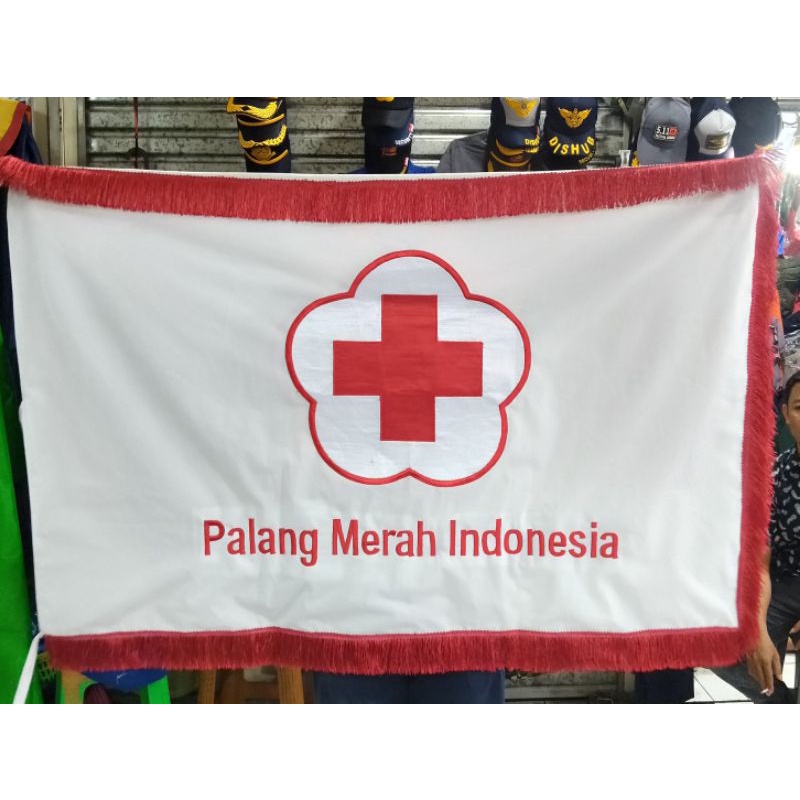 bendera bordir custom bahan bludru pakai rumbai mas