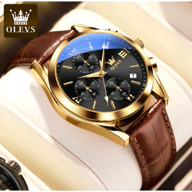 OLEVS Jam Tangan Pria Original Anti Air Kulit Terbaru