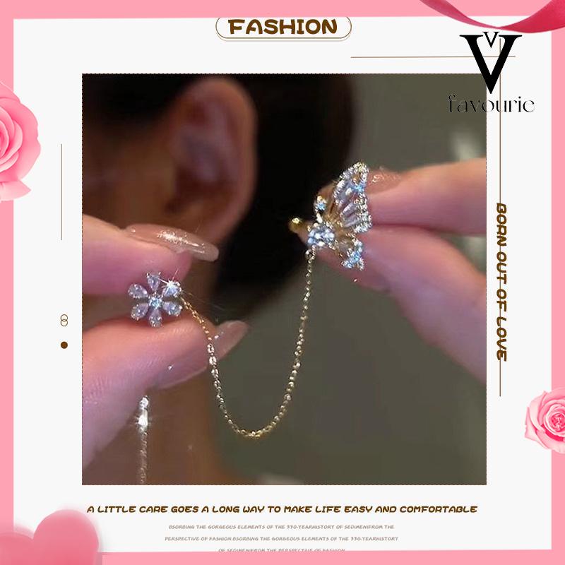 CODAnting Kupu-kupu Cinta Bunga Telinga Tulang Klip  Terintegrasi Desain Rasa Temperamen Rumbai Eardrop-FA