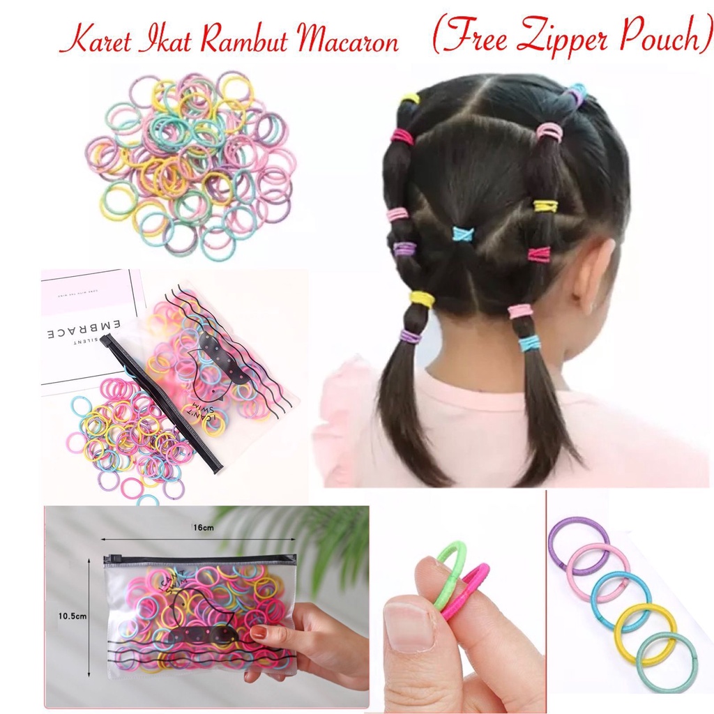 100 PCS IKAT RAMBUT POUCH MINI  ELASTIS WARNA POLOS GAYA KOREA UNTUK WANITA KARET RAMBUT IKAT RAMBUT ANAK ZIPPER POUCH