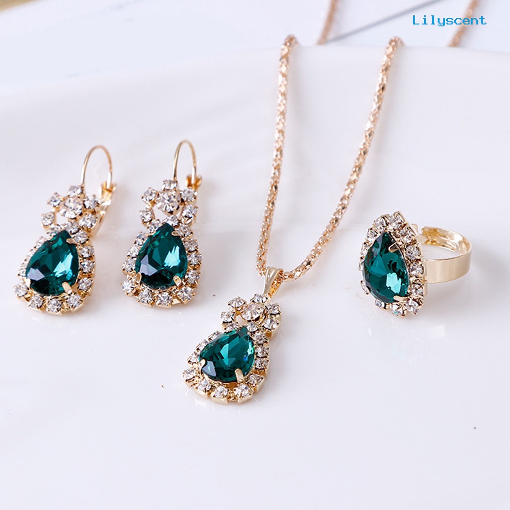 [LS] 3pcs/set Ladies Pendant Necklace Bentuk Tetesan Air Aksesori Tahan Aus Elegan Kalung Menjuntai Anting Cincin Set Untuk Pernikahan