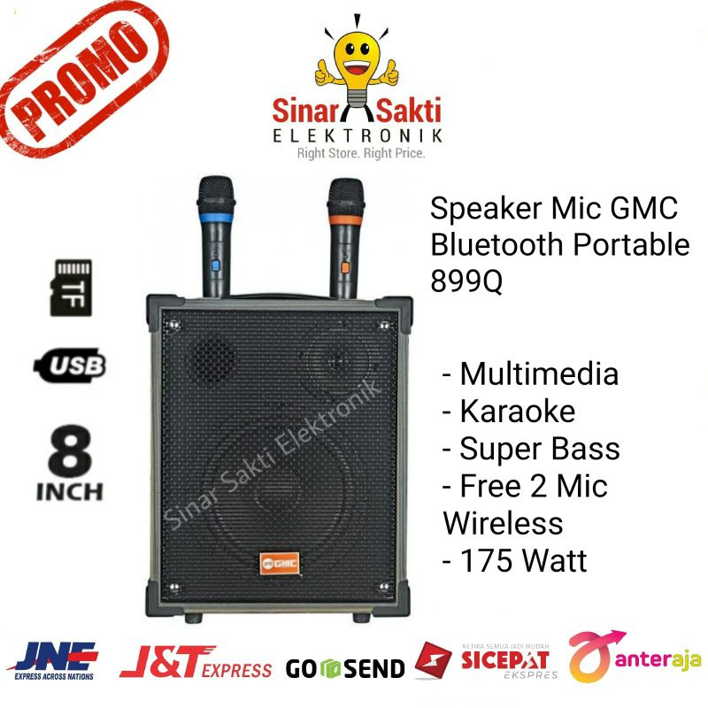 Speaker GMC Bluetooth Portable 899Q 899 Q Multimedia Karaoke 2 Mic 8 Inch Super Bass