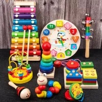 Mainan Anak Basic Kayu Edukasi Sensory Montessori Jam Puzzle 3D Shape Geometri Xylophone