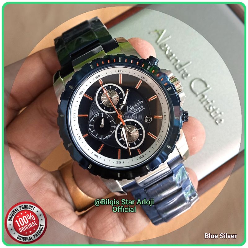 Alexandre Christie AC 6141 Pria Tali Rantai Biru Silver Original