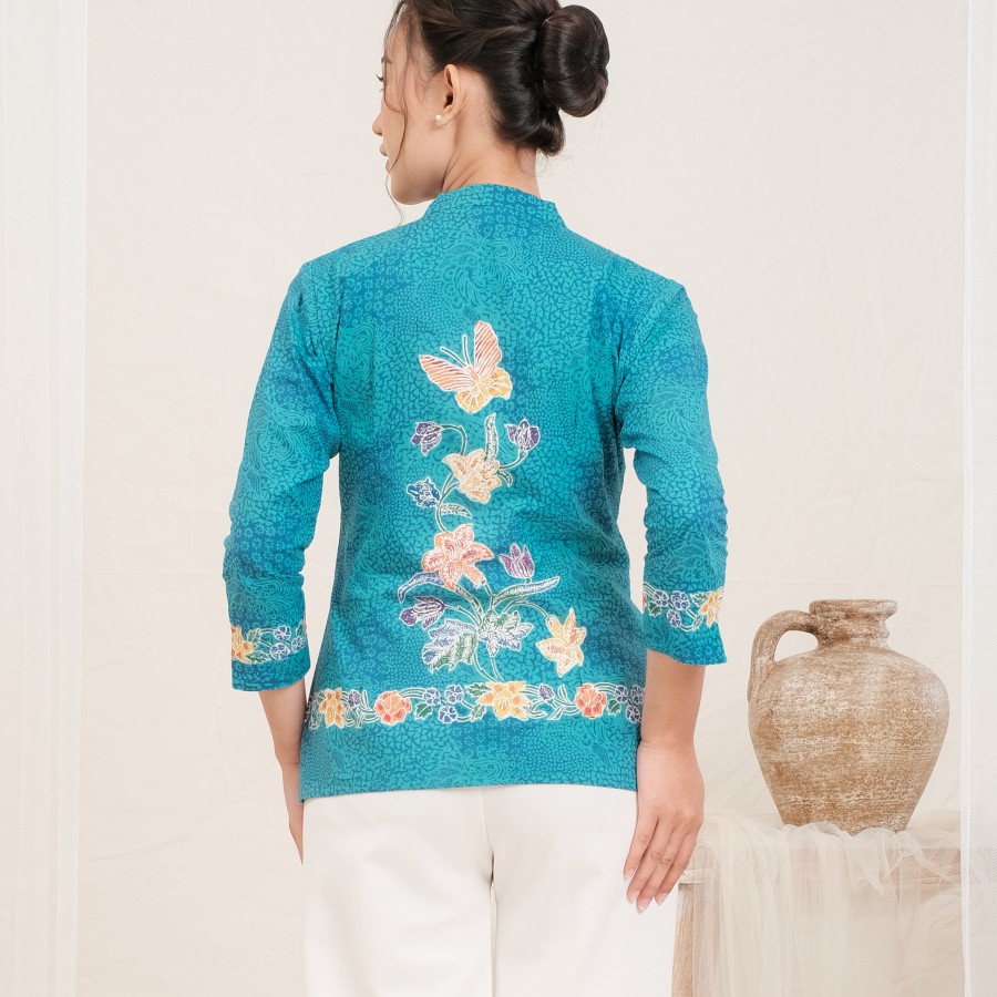 Kebaya Encim Batik Tanahan Lengan 7/8 Meradelima Katun Biru Tosca