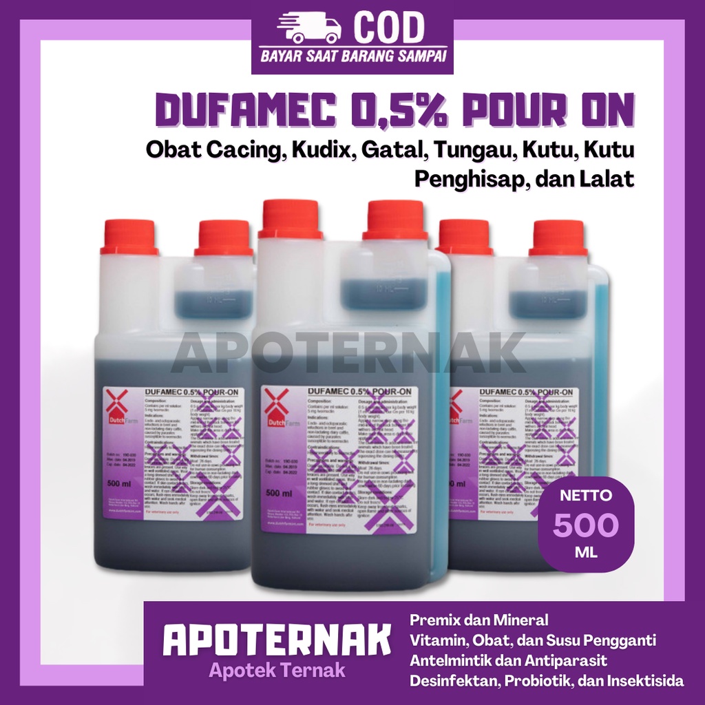 DUFAMEC 0,5% Pour On Tetes Luar 500 mL | Obat LSD Gudik Scabies Cacing Kudix Gatal Tungau Kutu Kutu Penghisap dan Lalat Pada Hewan Ternak | 500 mL | DUTCH FARM