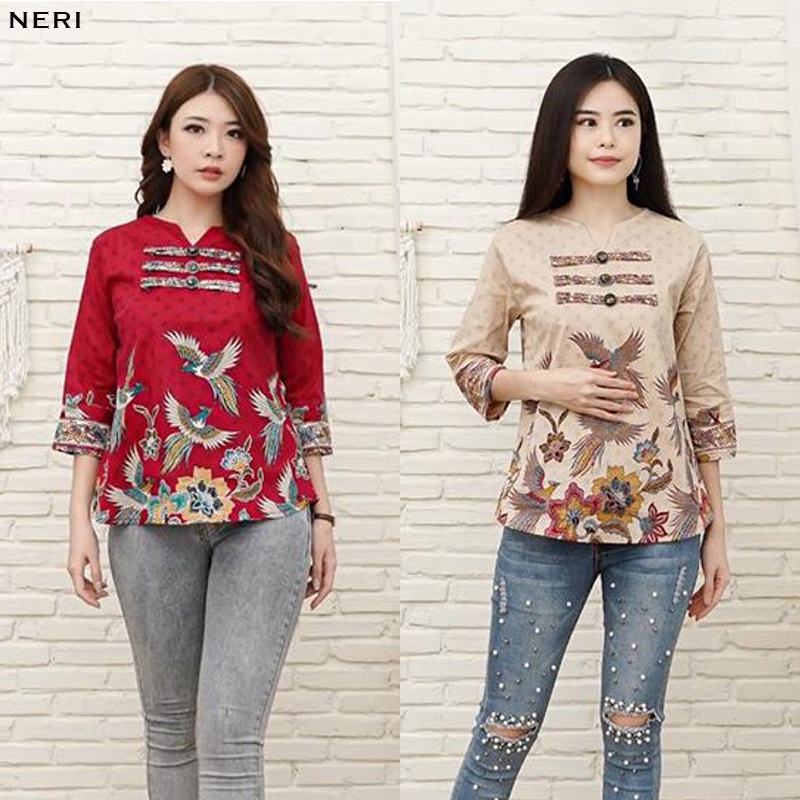 Evercloth Neri Blouse Wanita Atasan Wanita Batik Lengan Panjang Couple Top