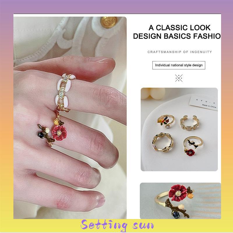 Cincin Model Terbuka Bahan Alloy Desain Bungaburung Hias Berlian Imitasi Untuk Wanita Aksesori Cincin Serbaguna TN
