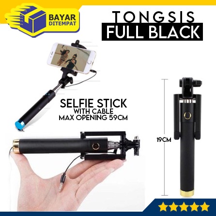 Tongsis Hitam Full Black Lipat Kabel Tombol Universal Selfie Stick