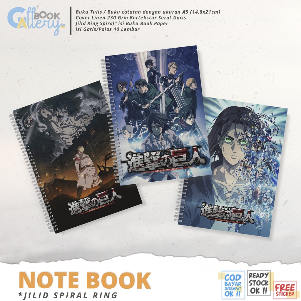 

[SP] Buku Tulis / Buku Catatan / Note book Anime Attack On Titan (Shingeki no Kyeojin) Jilid Ring Spiral Dengan isi Book Paper Garis/Polos 50 Lembar Free Poster dan Stiker Ukuran A5