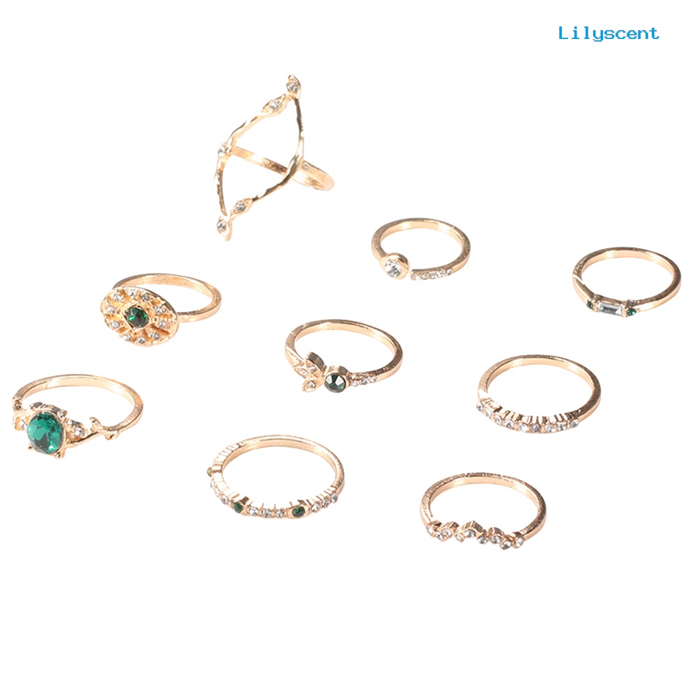 [LS]9Pcs /Set Lady Hollow Belah Ketupat Oval Berlian Imitasi Pembukaan Susun Knuckle Midi Ring