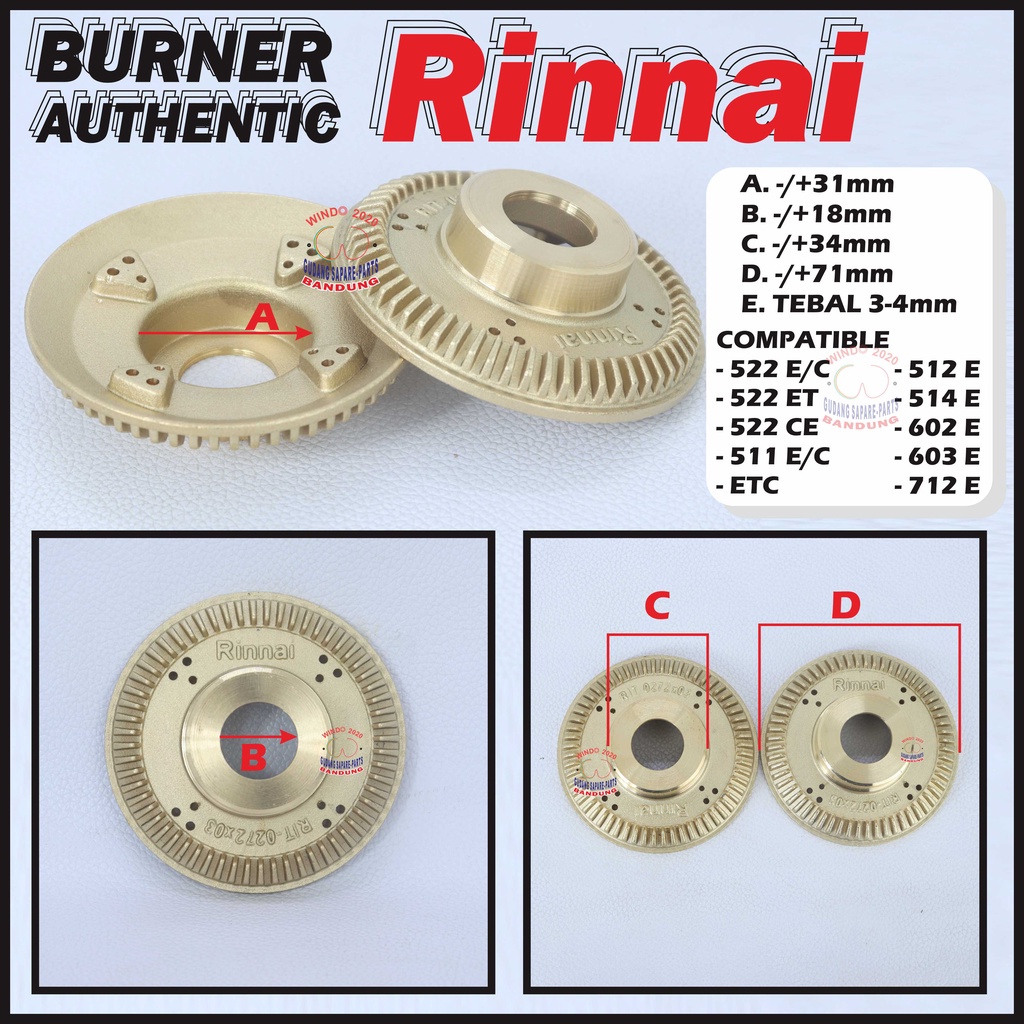 BURNER RINNAI ORIGINAL AUTHENTIC CAP | 522C E CE ETC 602 E 603 E 100% COCOK