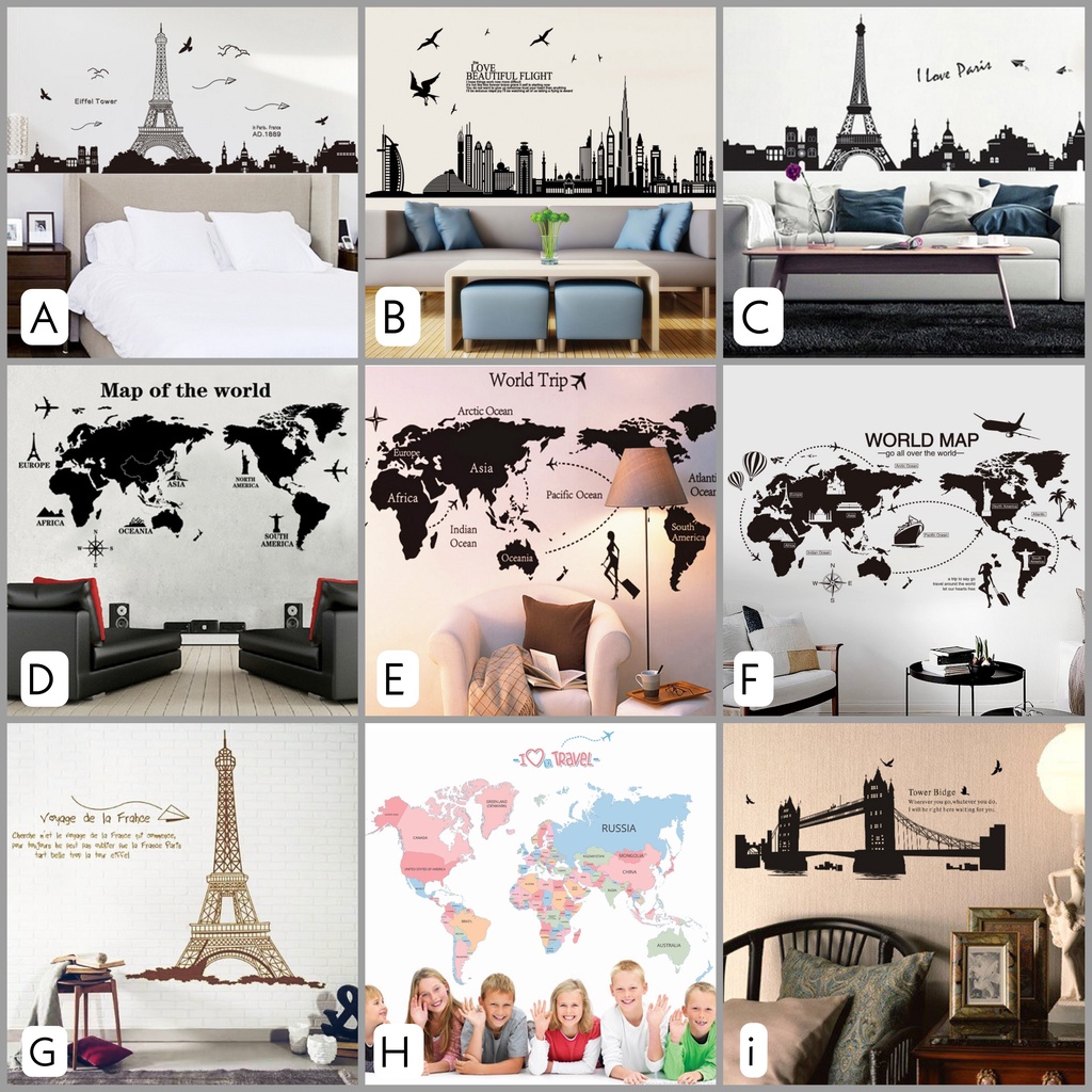 Reliza Wall Sticker Kota Monumen City Paris London Eiffel Dubai Stiker Dinding LDR30