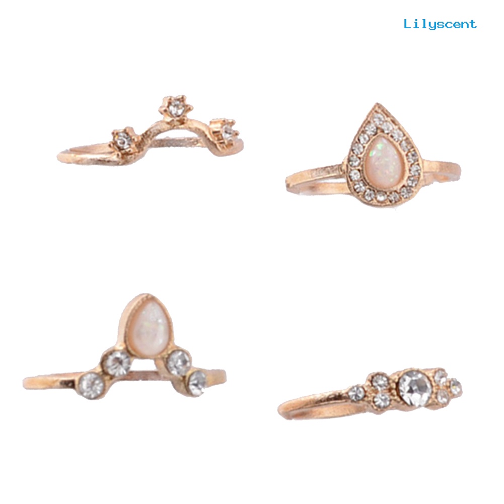 [LS] 10pcs/set Lady Water Drop Bintang Mahkota Opal Imitasi Susun Knuckle Midi Finger Ring