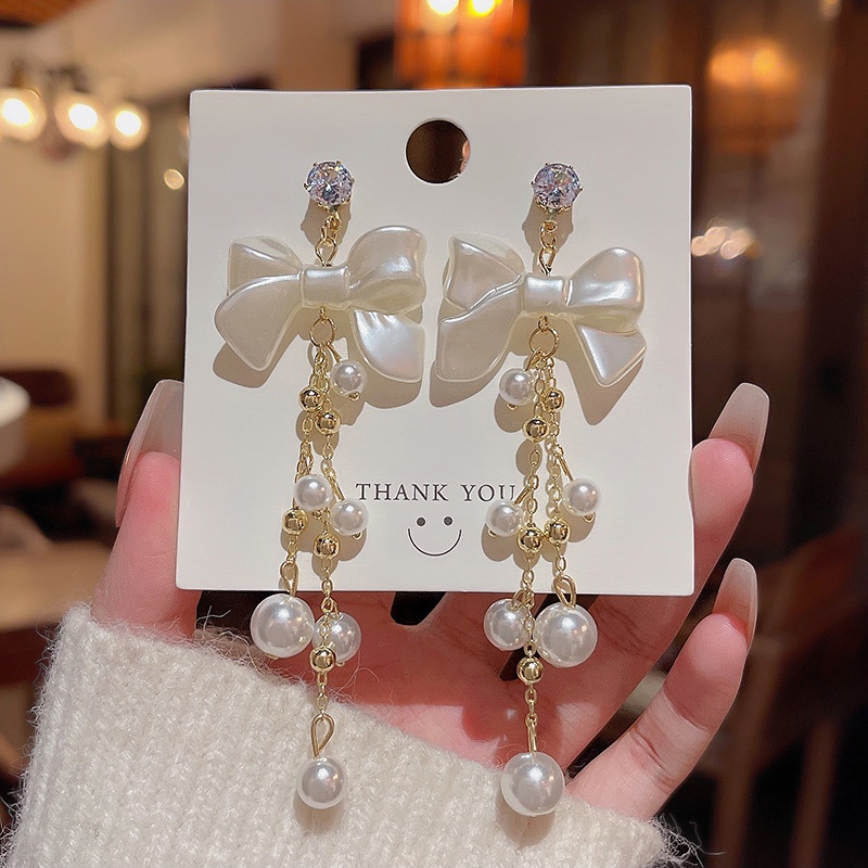 925jarum Perak Mewah Panjang Rumbai Berlebihan Bow Tie Earrings Wanita Anting Mutiara