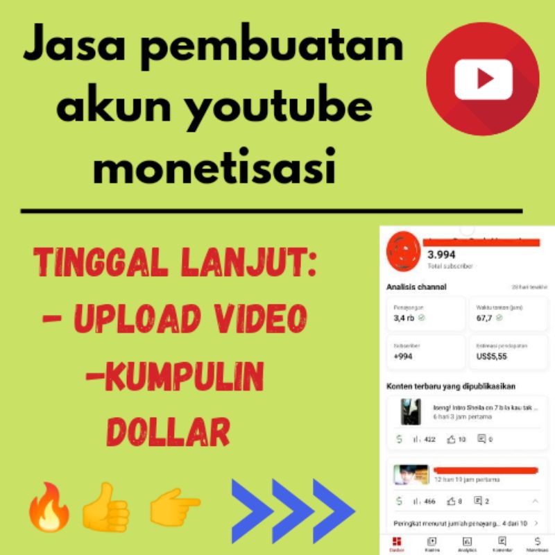 Jasa buat channel YouTube subscribers 1000+ monetisasi blum pin
