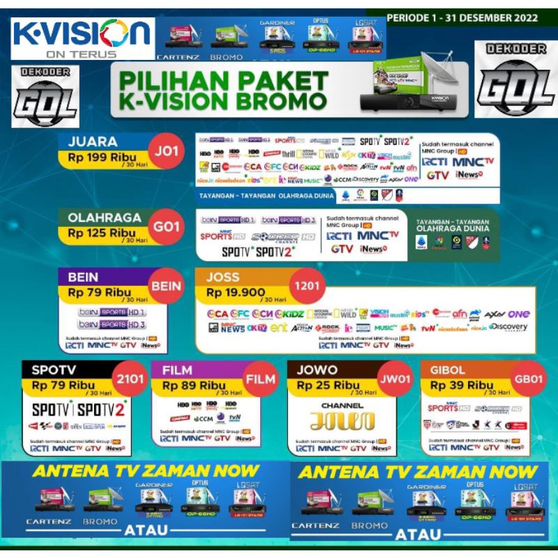 Paket Kvision Bromo Gol Kartenz Optus Gardiner LG Sat K-Vision Dekoder GOL Cling Mnc Rcti Basic Nex 