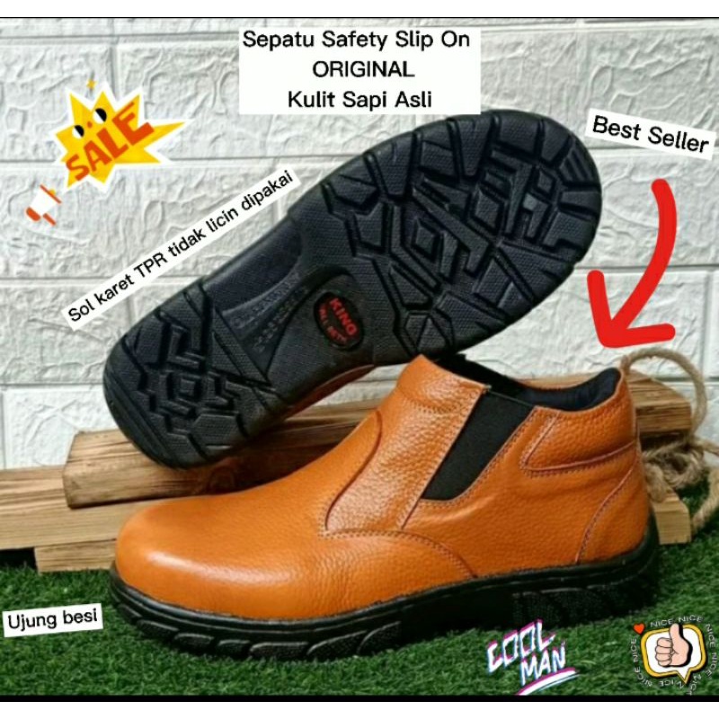 SEPATU SAFETY SLIP ON KING' WALLBETH ORIGINAL KULIT SAPI ASLI  UJUNG BESI sepatu septi untuk proyek 