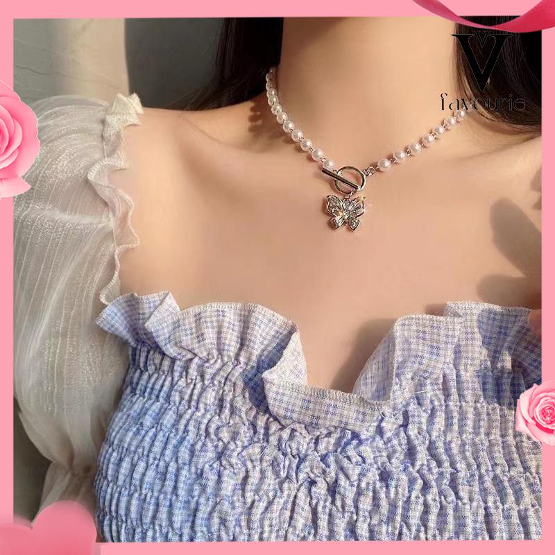 CODFashion Mutiara Manik-manik Kalung Elegan Kupu-kupu Liontin Klavikula Kalung Aksesoris Wanita-FA