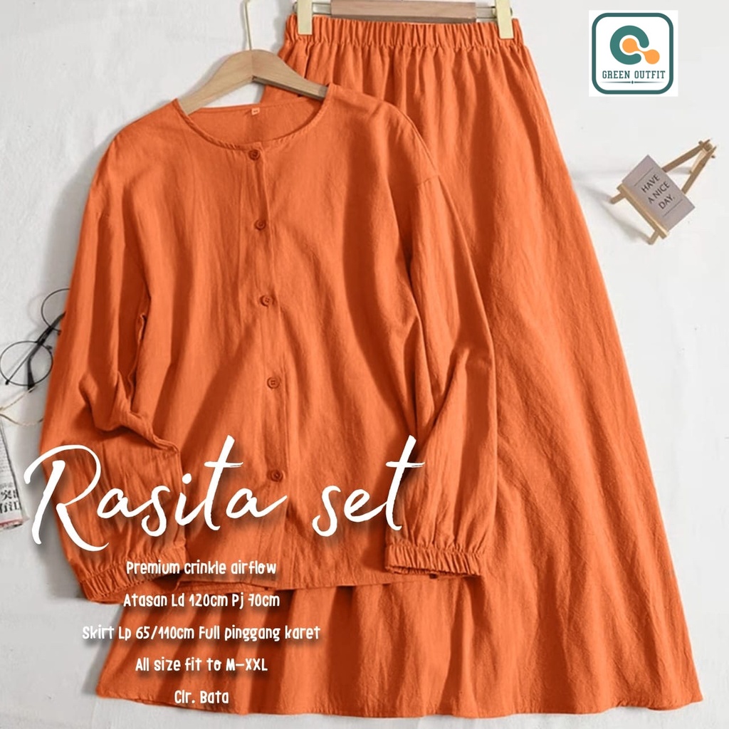 rasita oneset setelan stelan set 1set baju pakaian kemeja atasan blouse bluse blus rok rob polos jum
