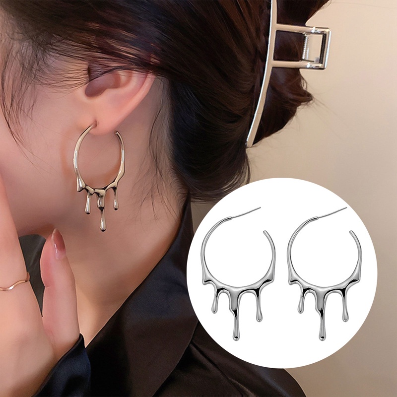 Anting Hoop Besar Punk Gothic Warna Silver Lava Drop Bentuk Tidak Teratur Untuk Wanita Pria Fashion Korea Perhiasan Logam Cair