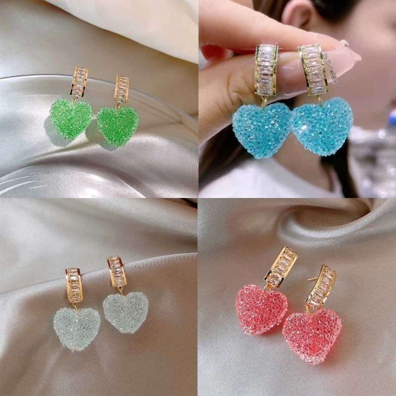 Sa Heart Pendant Earring Pink Rhinestoes Anting Menjuntai Anting Tusuk Jantung Anting Stud