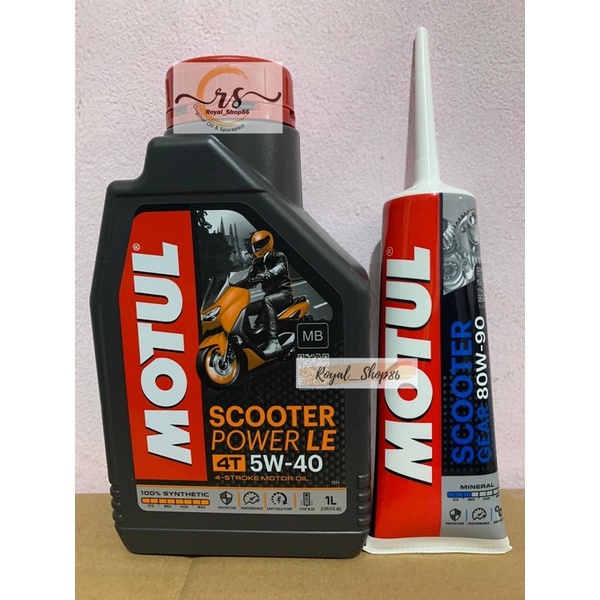 Oli Motul Scooter Power LE Sae 5W-40 Full Shynthetic 1Liter(Orange) &amp; Oli Gardan Motul 120ml / Oli Gardan Castrol 120 Original