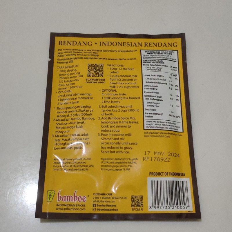 Bamboe Bumbu masak instan rasa Rendang 35g