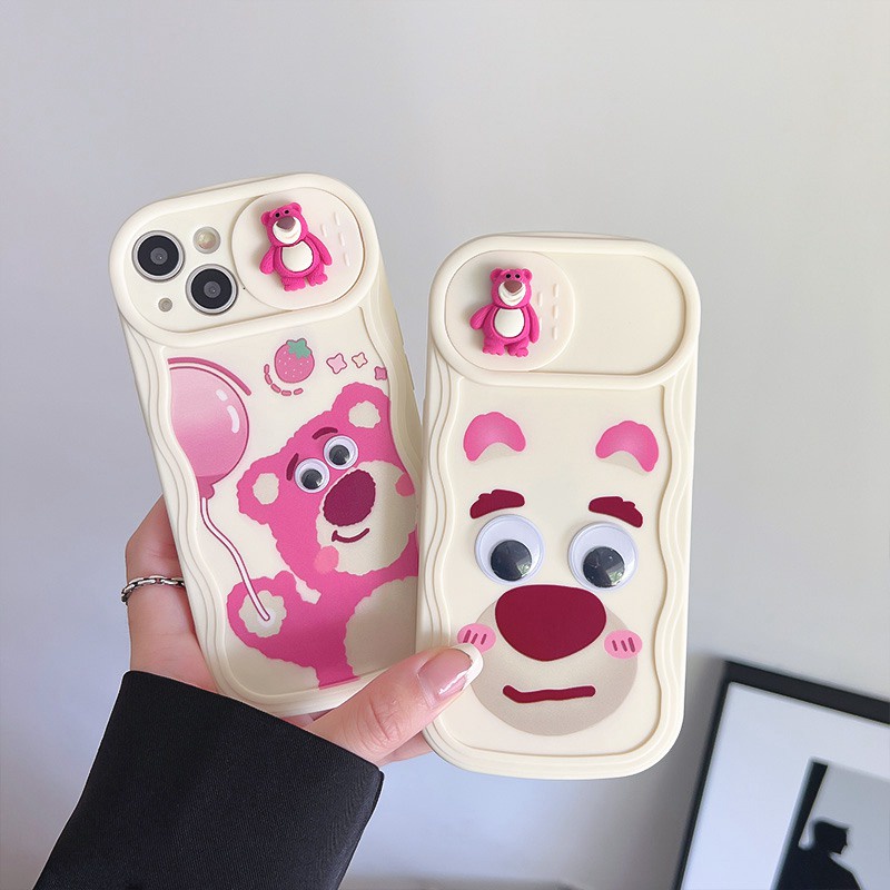 Cute Strawberry Bear Doll Push The Window Cover Soft Case iP iPhone 11 12 13 14 Pro Max + Plus Wavy Casing Apple