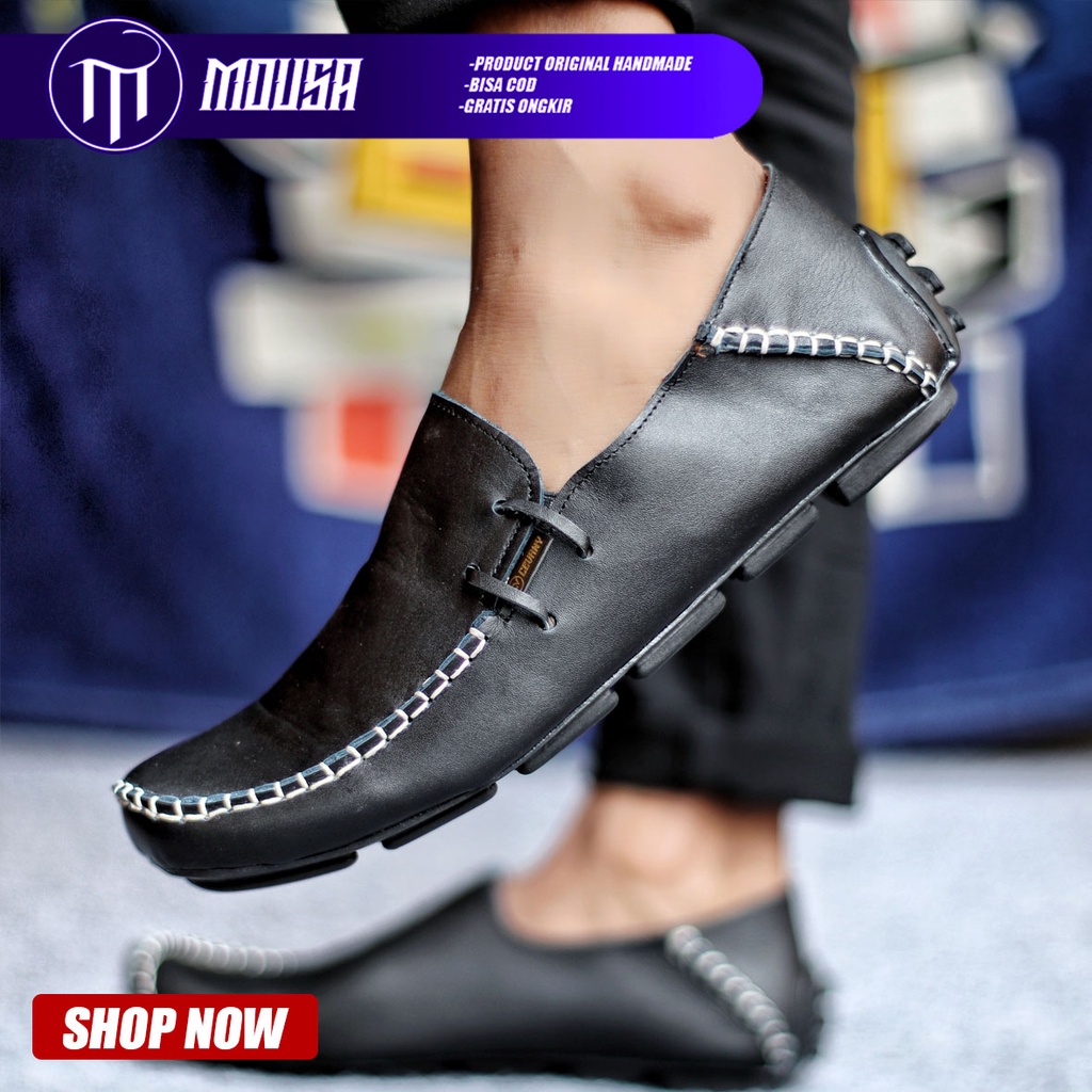 Sepatu Slip On Formal Pantofel Kulit Asli Kerja Pria Hitam Mousa Moclea