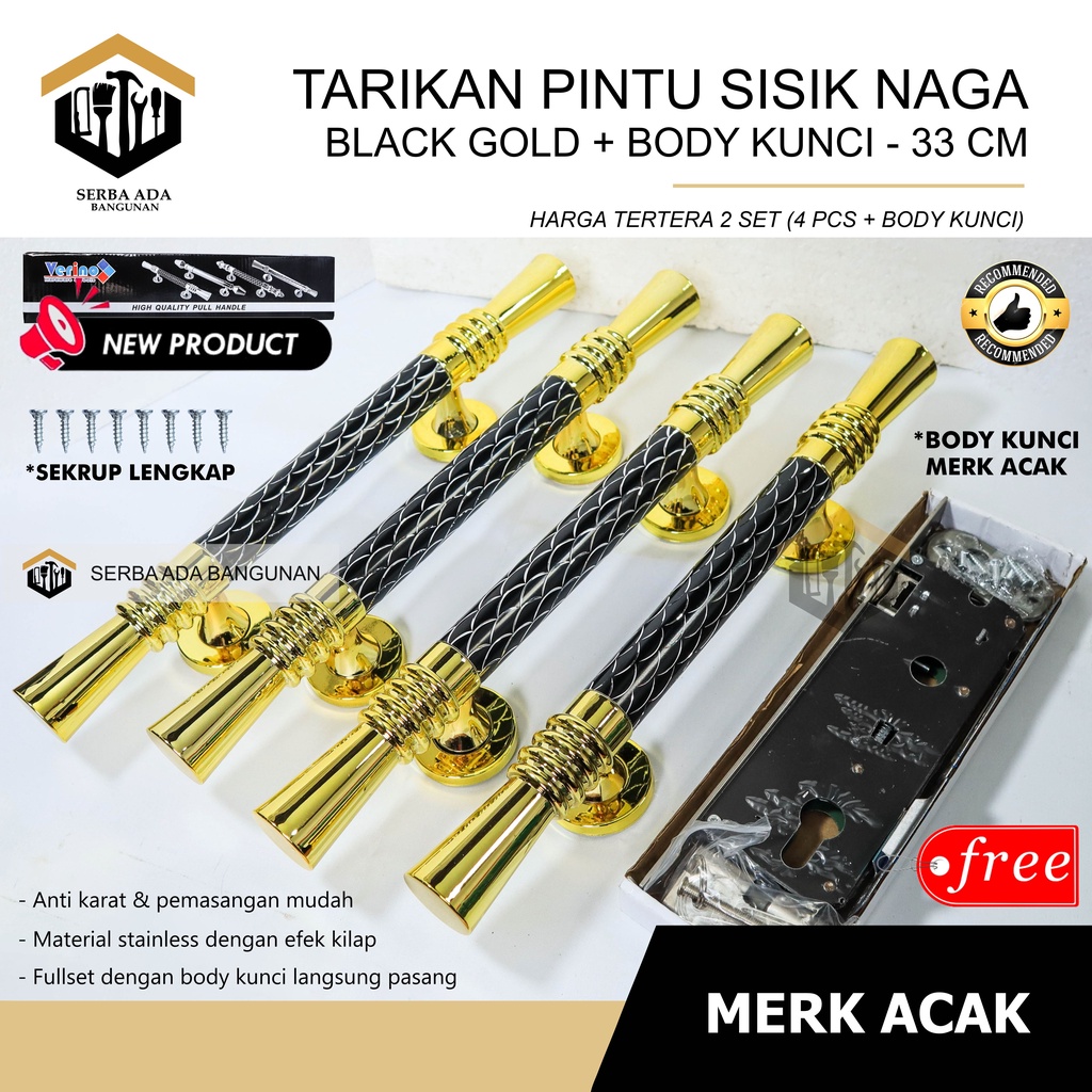 (PAKET PINTU TARIKAN SISIK NAGA) 1 set body kunci pintu + 4 pcs handle tarikan berkilau mewah elegan 35cm