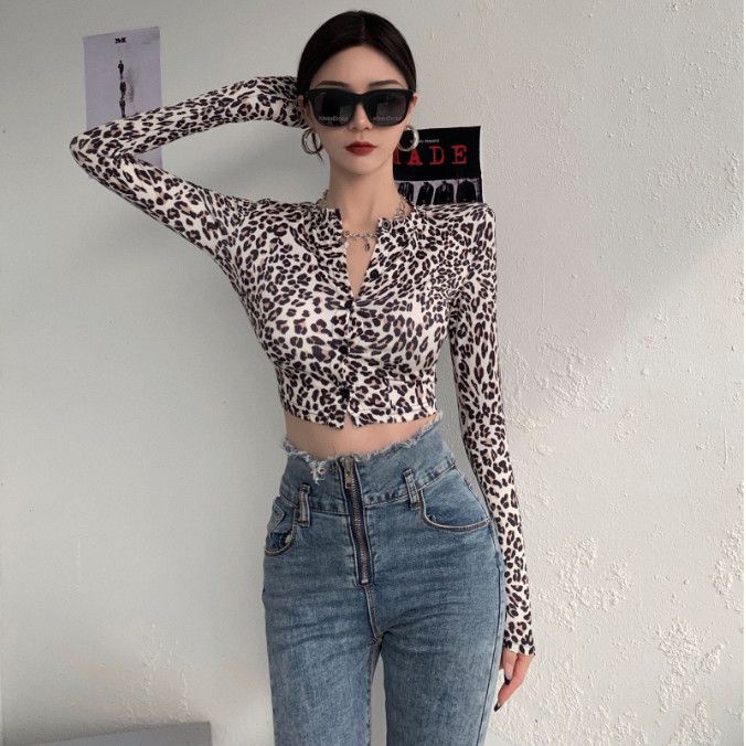 ✤☁✽Suhao awal musim gugur fashion retro seri garam goreng jalan macan tutul cetak slim jaket lengan panjang tombol cardigan pinggang tinggi pendek top fashion wanita